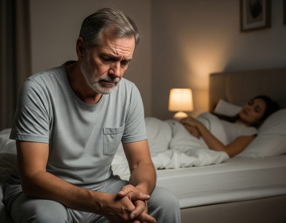 Zrelý muž v strednom veku premýšľa o erektilnej dysfunkcii po päťdesiatke